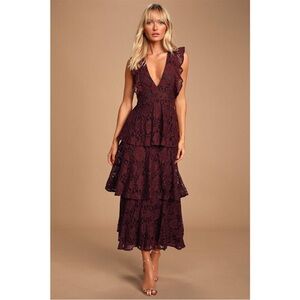 LULU’S Molinette Lace Tiered Maxi Dress Burgundy Small